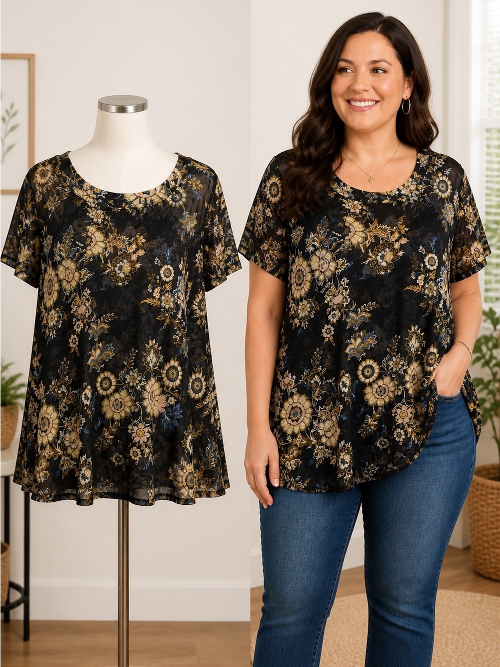 Lane Bryant | Black Floral Mesh Top Sheer Stretch Boho 3/4 Sleeve Size 26/28